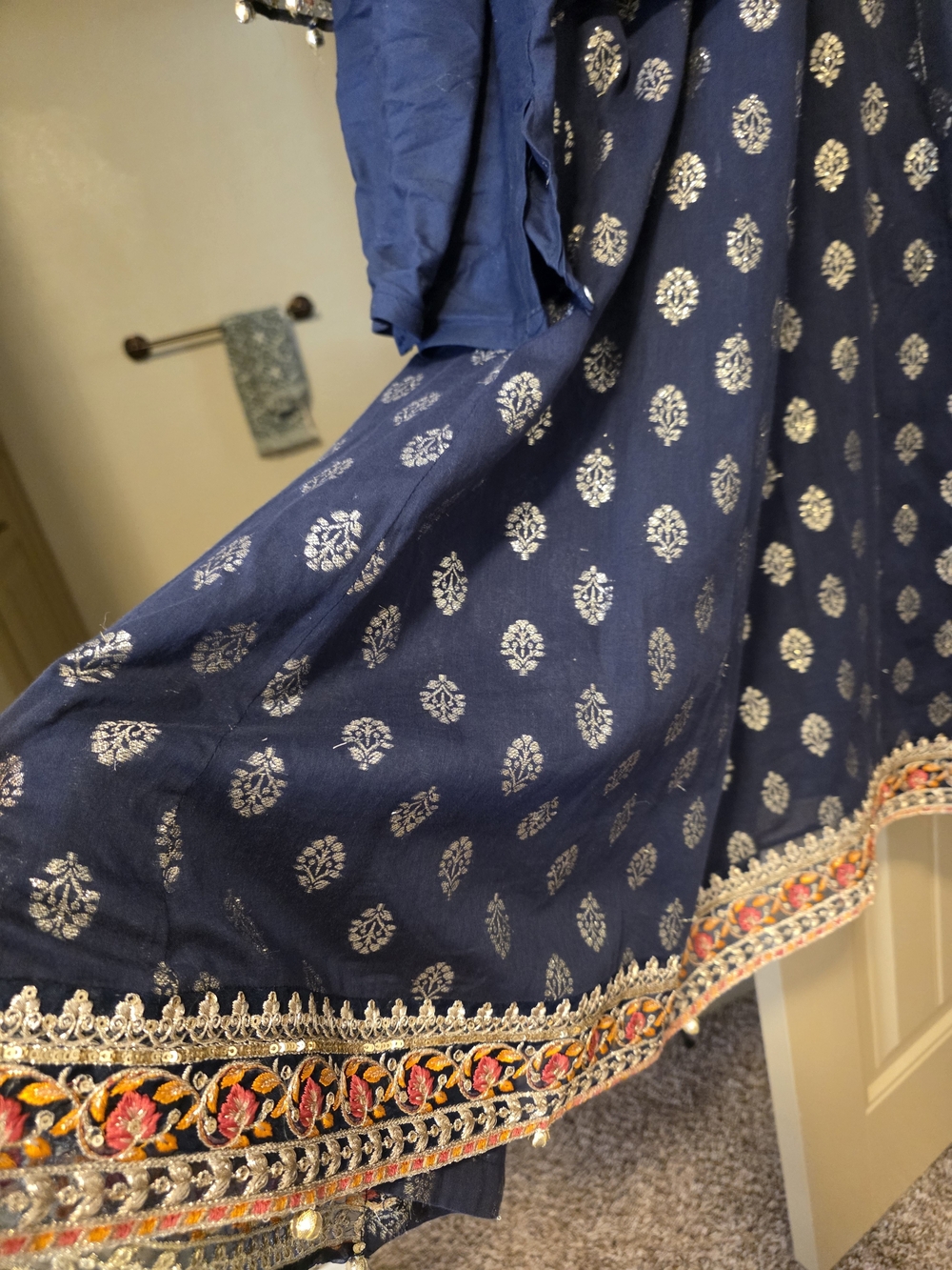 Navy Blue Floral Foil Print Women Dress with Embroidered Hem